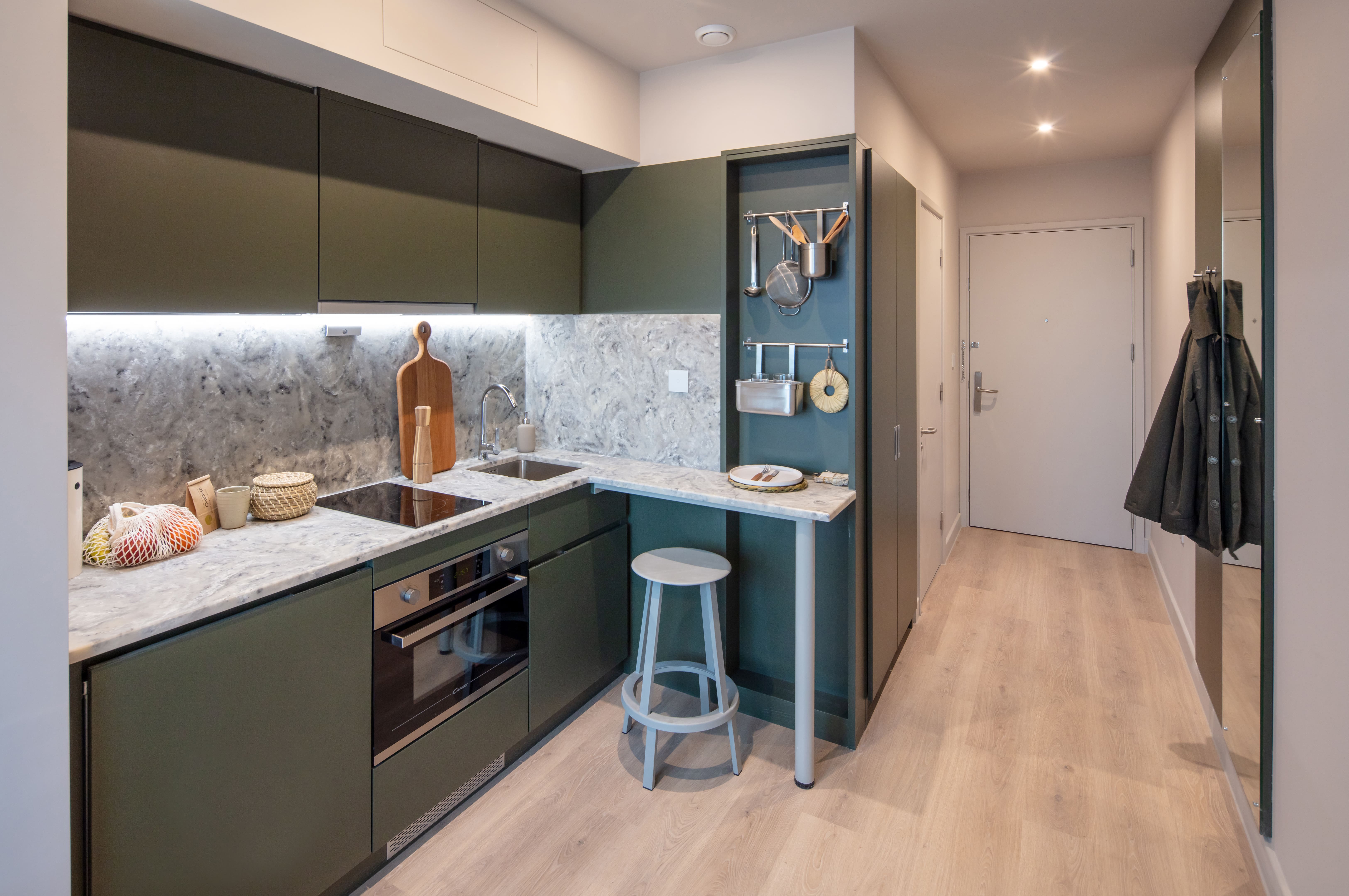 Make hearty home-cooked meals in your private kitchenette